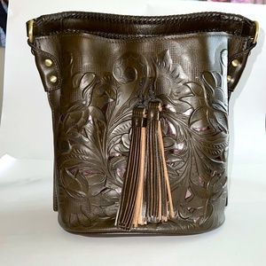 Patricia Nash Purse Olive green Pressed Leather Purse Tote rose gold inlay